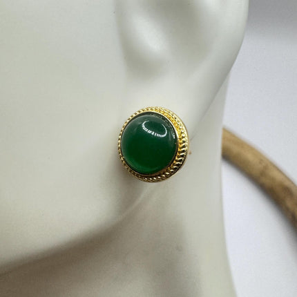 Vintage Golden Green Jade Lucky Stud Earrings
