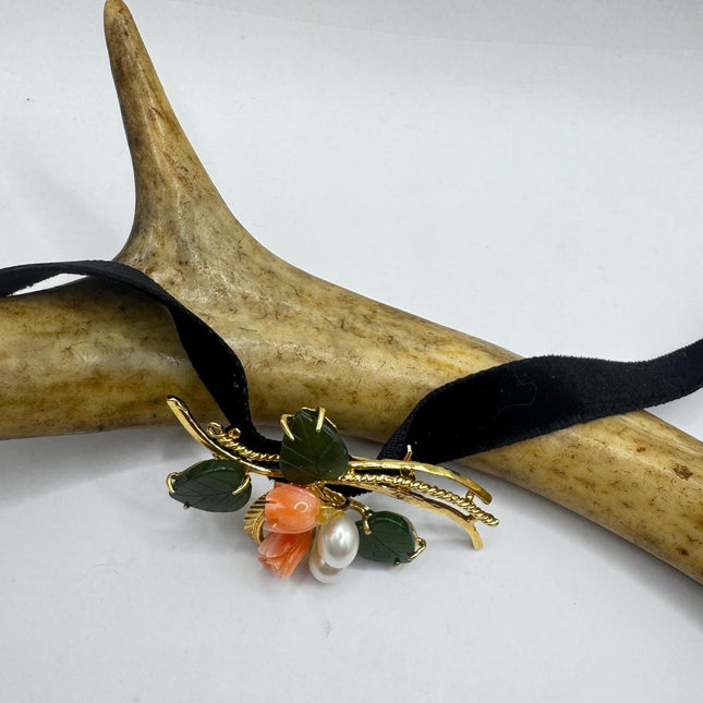 Vintage Green Jade Coral Rose Brooch: Gold Filled Velvet Choker