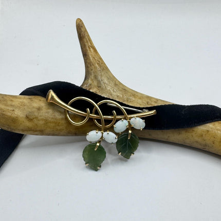 Vintage Green Jade White Opal Brooch: Gold Filled Velvet Choker