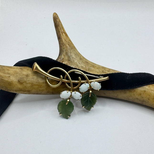 Vintage Green Jade White Opal Brooch: Gold Filled Velvet Choker