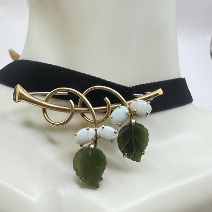Vintage Green Jade White Opal Brooch: Gold Filled Velvet Choker