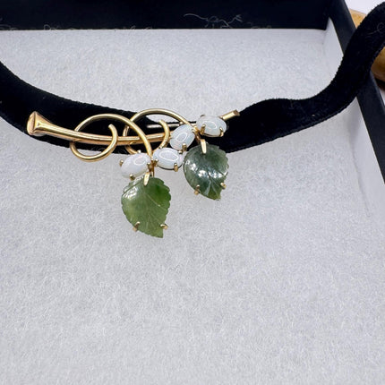 Vintage Green Jade White Opal Brooch: Gold Filled Velvet Choker