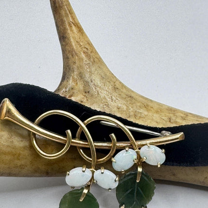 Vintage Green Jade White Opal Brooch: Gold Filled Velvet Choker
