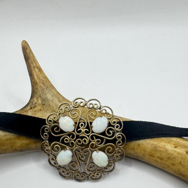 Vintage White Opal Brooch: Gold Filled Velvet Choker