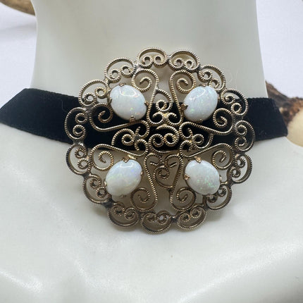 Vintage White Opal Brooch: Gold Filled Velvet Choker