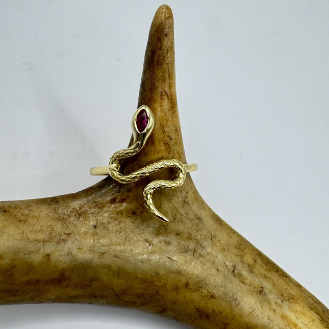 Vintage Ruby Gold Snake Ring: 925 Sterling Silver Serpent Band
