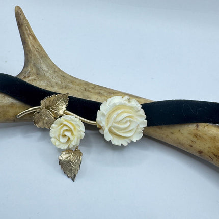 Vintage Ivory Flower Rose Brooch Pin Gold Filled