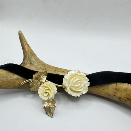 Vintage Ivory Flower Rose Brooch Pin Gold Filled