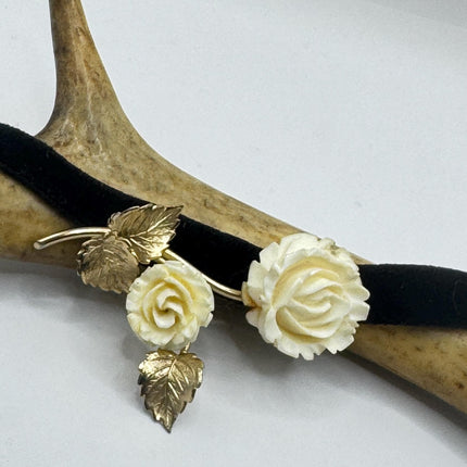 Vintage Ivory Flower Rose Brooch Pin Gold Filled