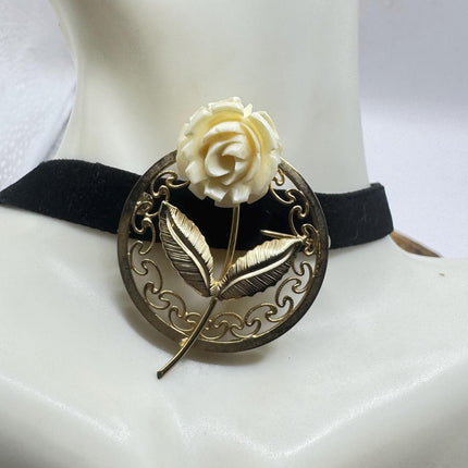 Vintage Ivory Flower Rose Brooch Pin Gold Filled