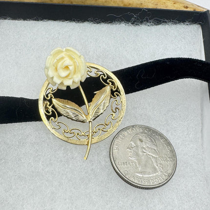 Vintage Ivory Flower Rose Brooch Pin Gold Filled