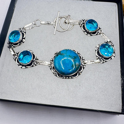 Vintage Turquoise Bracelet – Adjustable Silver Bronze Aqua Glass Jewelry-Bracelets-TomWayne Jewelers