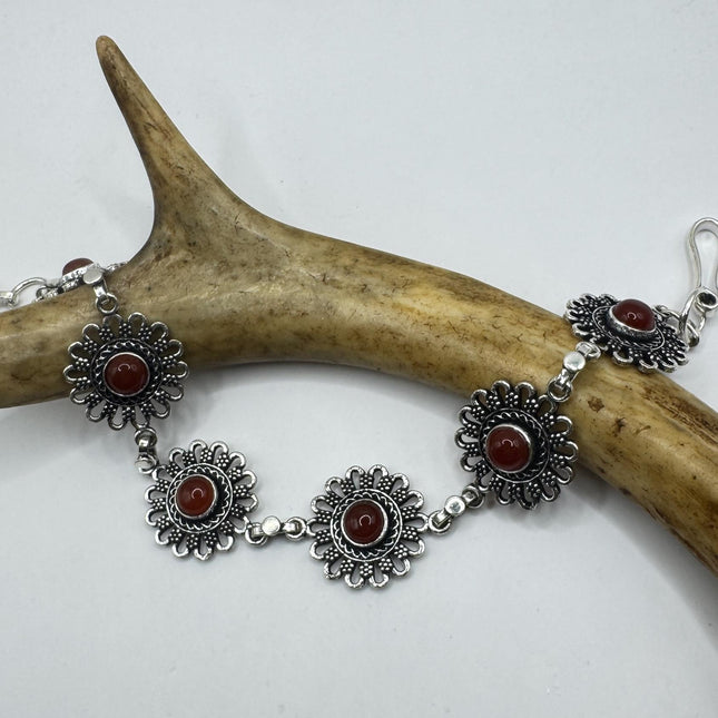 Vintage Carnelian Bracelet – Adjustable Chain Silver Bronze Blackened Finish-Bracelets-TomWayne Jewelers