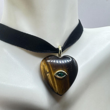 Tigers Eye Choker Vintage Heart Necklace - Black Velvet Bronze Gold Finish-Necklaces-TomWayne Jewelers