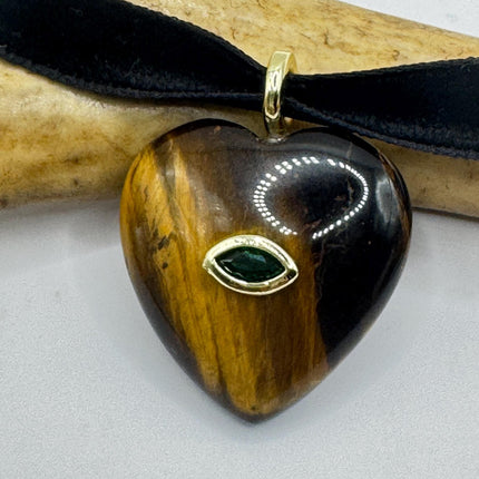 Tigers Eye Choker Vintage Heart Necklace - Black Velvet Bronze Gold Finish-Necklaces-TomWayne Jewelers