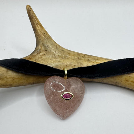 Rose Quartz Choker – Vintage Pink Heart Necklace With Ruby Evil Eye Charm-Necklaces-TomWayne Jewelers