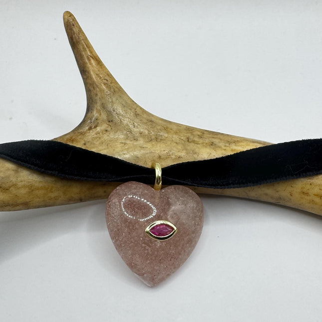 Rose Quartz Choker – Vintage Pink Heart Necklace With Ruby Evil Eye Charm-Necklaces-TomWayne Jewelers