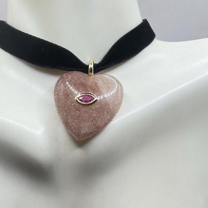 Rose Quartz Choker – Vintage Pink Heart Necklace With Ruby Evil Eye Charm-Necklaces-TomWayne Jewelers