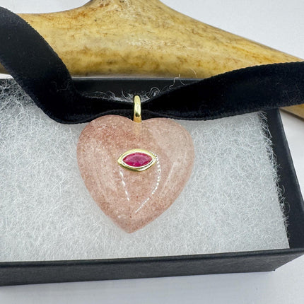 Rose Quartz Choker – Vintage Pink Heart Necklace With Ruby Evil Eye Charm-Necklaces-TomWayne Jewelers