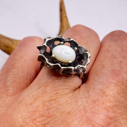 Fire Opal Ring Vintage White Heart-Shaped Blue Fire 925 Sterling Silver Band-Rings-TomWayne Jewelers