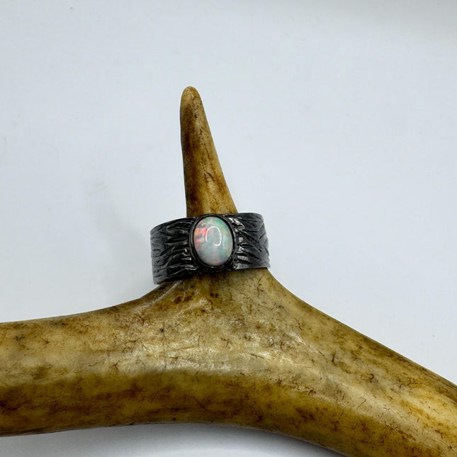 Fire Opal Ring Vintage Silver Band 925 Sterling Blue Heart Shaped Gemstone-Rings-TomWayne Jewelers