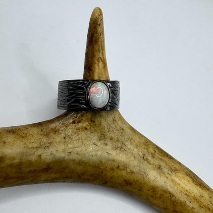Fire Opal Ring Vintage Silver Band 925 Sterling Blue Heart Shaped Gemstone-Rings-TomWayne Jewelers
