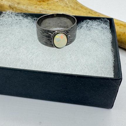 Fire Opal Ring Vintage Silver Band 925 Sterling Blue Heart Shaped Gemstone-Rings-TomWayne Jewelers