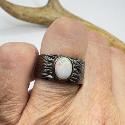 Fire Opal Ring Vintage Silver Band 925 Sterling Blue Heart Shaped Gemstone-Rings-TomWayne Jewelers
