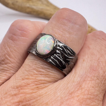 Fire Opal Ring Vintage Silver Band 925 Sterling Blue Heart Shaped Gemstone-Rings-TomWayne Jewelers