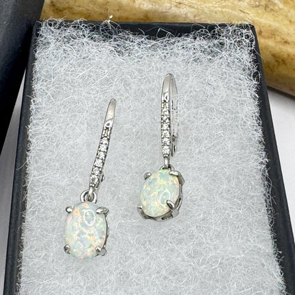 Vintage White Fire Opal and Diamond lever back Earrings 925 Sterling Silver