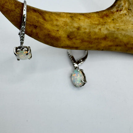 Vintage White Fire Opal and Diamond lever back Earrings 925 Sterling Silver