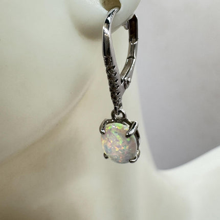 Vintage White Fire Opal and Diamond lever back Earrings 925 Sterling Silver