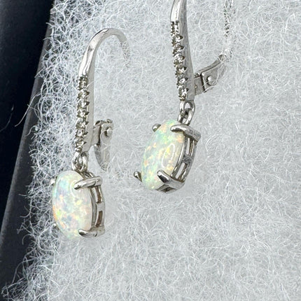 Vintage White Fire Opal and Diamond lever back Earrings 925 Sterling Silver