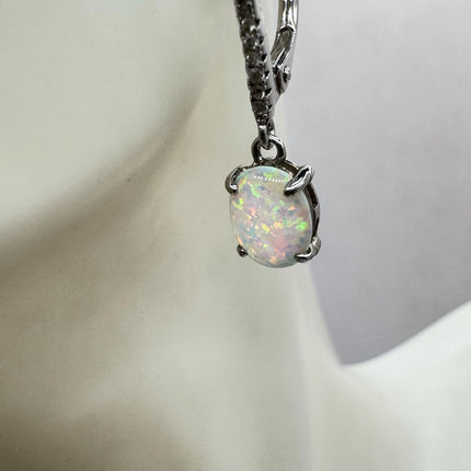 Vintage White Fire Opal and Diamond lever back Earrings 925 Sterling Silver