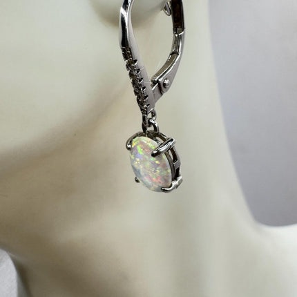 Vintage White Fire Opal and Diamond lever back Earrings 925 Sterling Silver