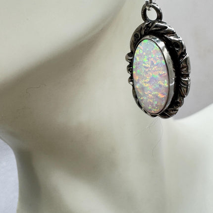 Vintage White Fire Opal lever back Earrings 925 Sterling Silver