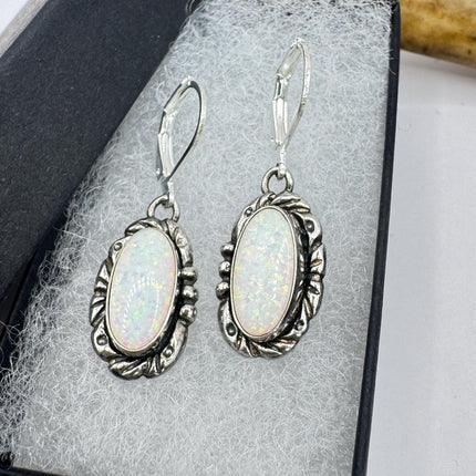 Vintage White Fire Opal lever back Earrings 925 Sterling Silver