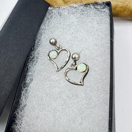 Vintage Heart White Fire Opal push back Earrings 925 Sterling Silver
