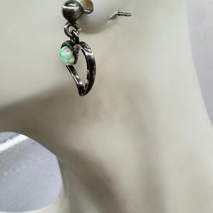 Vintage Heart White Fire Opal push back Earrings 925 Sterling Silver