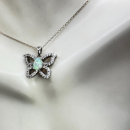 Vintage White Fire Opal Butterfly Necklace Sterling Silver Minimalist Chain