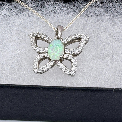 Vintage White Fire Opal Butterfly Necklace Sterling Silver Minimalist Chain