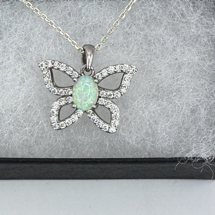 Vintage White Fire Opal Butterfly Necklace Sterling Silver Minimalist Chain