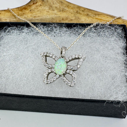 Vintage White Fire Opal Butterfly Necklace Sterling Silver Minimalist Chain