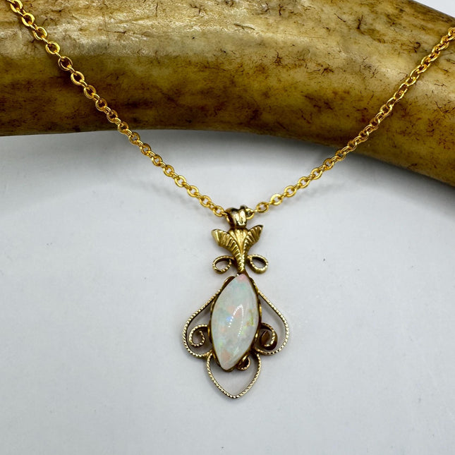 Vintage Tiny White Fire Opal Necklace Gold Filled