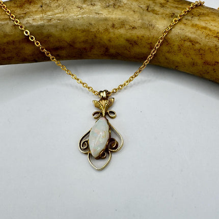 Vintage Tiny White Fire Opal Necklace Gold Filled