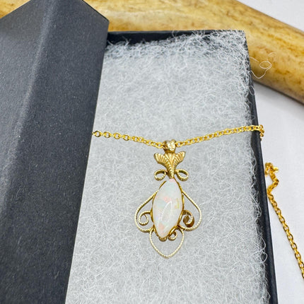 Vintage Tiny White Fire Opal Necklace Gold Filled