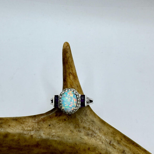 Vintage Fire Opal, Diamond Purple Amethyst Ring 925 Sterling Silver-Rings-TomWayne Jewelers