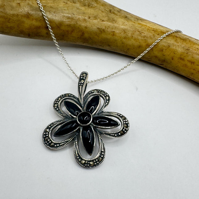 Black Onyx Necklace - Vintage Marcasite Pendant Sterling Silver Choker-Necklaces-TomWayne Jewelers
