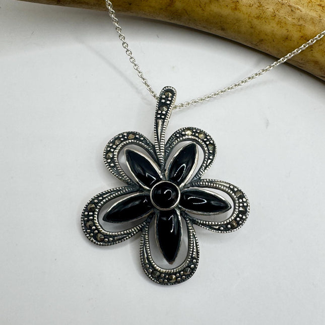 Black Onyx Necklace - Vintage Marcasite Pendant Sterling Silver Choker-Necklaces-TomWayne Jewelers