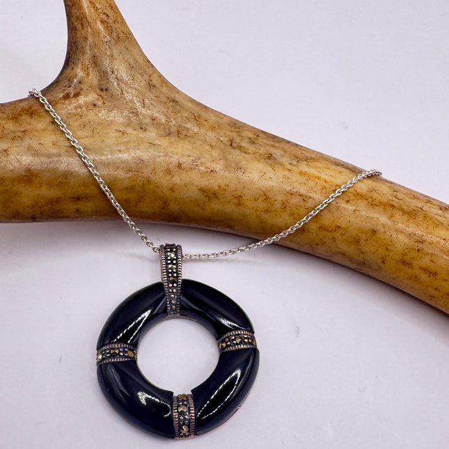 Black Onyx Choker - Vintage Marcasite Pendant 925 Sterling Silver Necklace-Necklaces-TomWayne Jewelers
